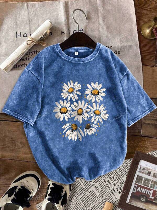 Women's Daisy Floral Print Round Neck Casual Short Sleeve T-Shirt