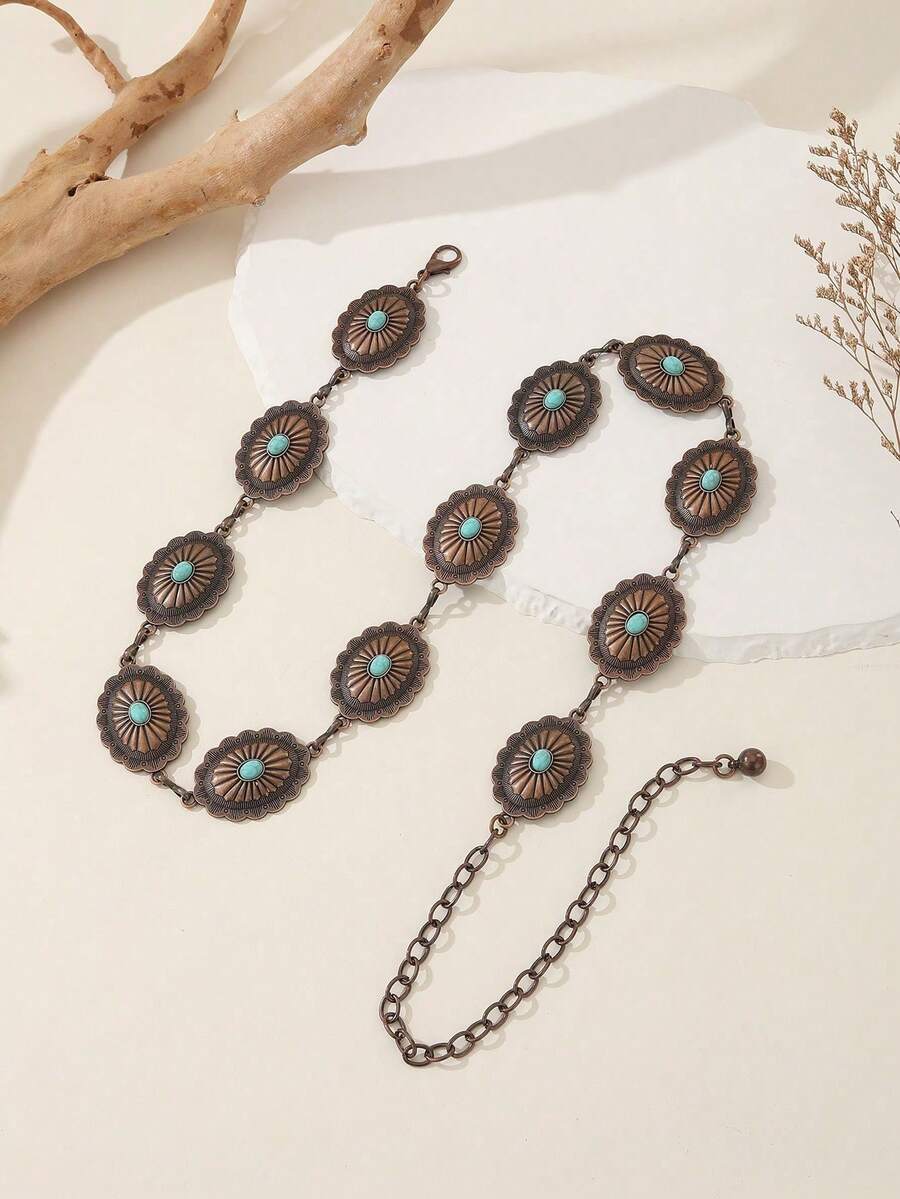 复古绿松石镶嵌女士腰链，适合搭配连衣裙、海滩派对、婚礼，春夏秋冬皆宜，也适合万圣节等场合。 - 古銅色 - 查看 1