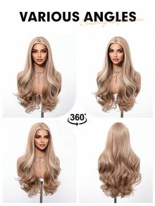 28 英寸长波浪渐变棕色合成假发中分浅金色长卷发假发适合女士日常派对角色扮演假发