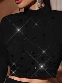 Modphy New Luxury Handmade Bead & Rhinestone Embellished Solid Color Stand Collar Long Sleeve Diamond Decor Crop Top & Long Skirt 2Pcs Suit Party Dress, Black - Black - View 9