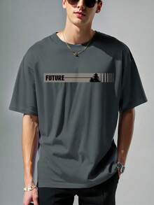 男孩和青少年几何林地图案圆领短袖 T 恤，休闲百搭日常穿着 - 灰色 - 查看 6