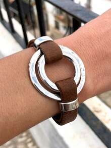 1 Piece Vintage Simple Double Ring Leather Pu Leather Bracelet Bohemian Personality Exaggerated Silver Colour Round Ring Men And Women Couple Casual Holiday Bracelet - Tròn - Xem 1