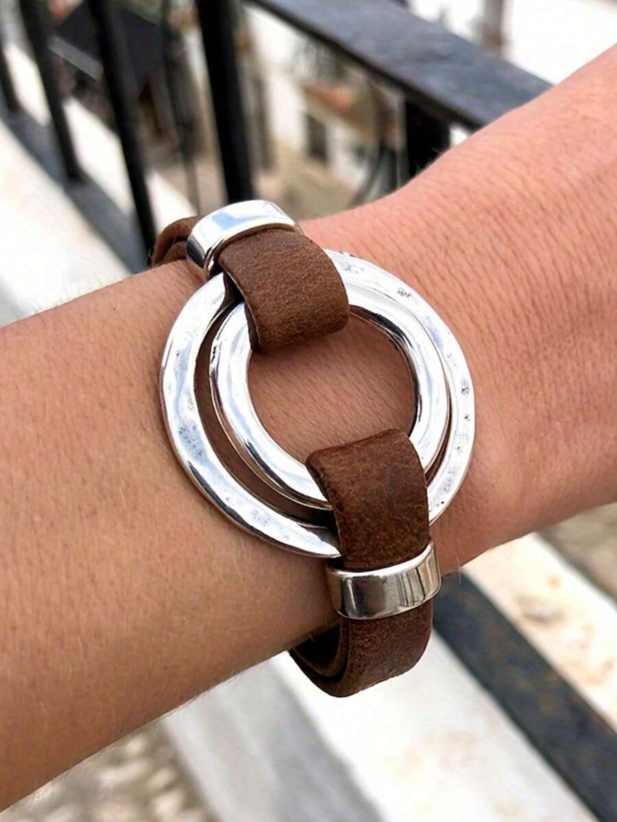 1 Piece Vintage Simple Double Ring Leather Pu Leather Bracelet Bohemian Personality Exaggerated Silver Colour Round Ring Men And Women Couple Casual Holiday Bracelet - Tròn - Xem 1