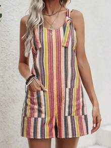 彩虹条纹口袋纽扣扭纹前连体衣 - 彩色 - 查看 4