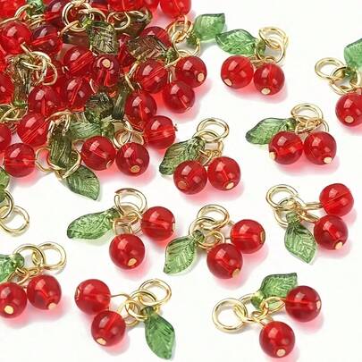 5/10/15/20/25/30-Piece Valentine's Day DIY Cherry Resin Pendants With Clear Glossy Green Petal Design. DIY Jewelry Pendants Suitable For Necklaces, Earrings, Keychains, And Craft Accessories.