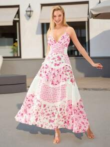 Women's Floral Dress Stylish Lace Patchwork Ruffled Trim Sleeveless Spaghetti Strap V Neck A-Line Long Dress For Summer - Pink - View 7