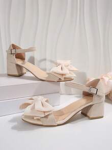 1 Pair Teens' High Heel Sandals, Solid Color Bow Glitter 5cm Chunky Heel Round Toe T-Strap Metal Button Roman Sandals, Luxury Fashion Cute For Daily/Party/Prom/Vacation/School/Indoor Outdoor, Teens Sandals Spring Summer 2025 New - Beige - View 10