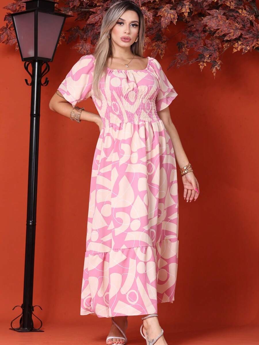 WOMEN'S LONG MIDI DRESS WITH PUFFED SLEEVES, RUFFLED, OFF-THE-SHOULDER, TRES MARIAS FLORAL - Rosa Tropical - Ver 1