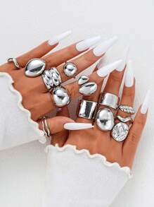 13pcs/14pcs Simple Exaggerated Wide Face Geometric Chunky Jewelry Ring Set, Vacation, Occasion, Gift, Casual Wear For Women