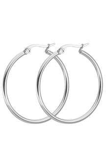 1 Cặp bông tai vòng tròn cổ điển bằng thép không gỉ, bông tai tròn lớn phóng đại không gây dị ứng không phai màu màu bạc và vàng dành cho phụ nữ - Bạc - Xem 1