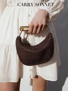 1pc Woven Bag, New Summer Design, Women Mini Zipper Woven Crossbody Bag, Straw Small Casual Handbag With Metal Handle, Perfect Accessory For Women Beach, Vacation, Holiday - Coffee Brown - View 2