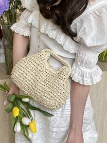 Fashionable Straw Woven Handbag, Elegant For Vacation Travel, Sophisticated Tote Bag, Beige Crossbody Beach Bag, Lightweight Clutch