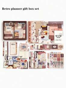 1 set Boîte cadeau de papeterie vintage, Ensemble de papeterie rétro pour filles esthétiques, comprenant un cahier, des autocollants, des notes autocollantes, du papier décoratif et des rubans washi, adapté comme cadeau pour les fêtes, les anniversaires et les remises de diplômes