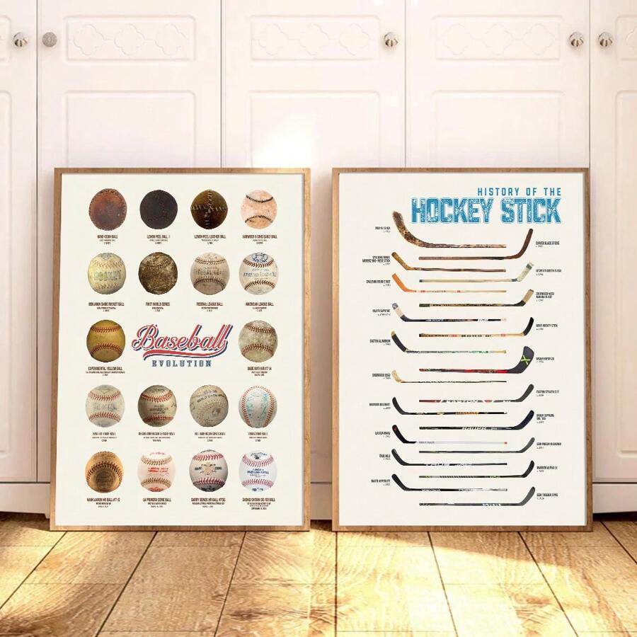 1/2 pièces Affiche murale de sport baseball et bâton de hockey sans cadre, impression sur canevas, décoration minimaliste pour chambre de garçon, salle de jeux, appartement, salon, chambre à coucher, décoration moderne pour la maison