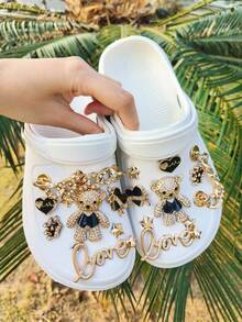 18 件/套金色字母、熊和星星设计鞋饰，适用于凉鞋、木屐和花园鞋 DIY 配件