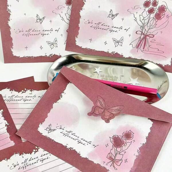 4pcs/Set Butterfly Rose Envelope, Creative Commemorative Handwritten Greeting Card, Romantic Gift Note School Supplies,Back To School