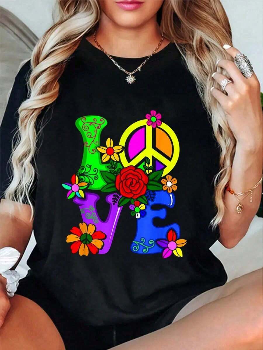 Retro 60's 70's Flower Power Hippy, Groovy Love Peace Hippie T-Shirt Summer Outfits For Women T Shirts Women Graphic Tees Women&High Street Printed T-ShirtSummer Outdoor Leisure Vintage T-Shirt - Black - View 1