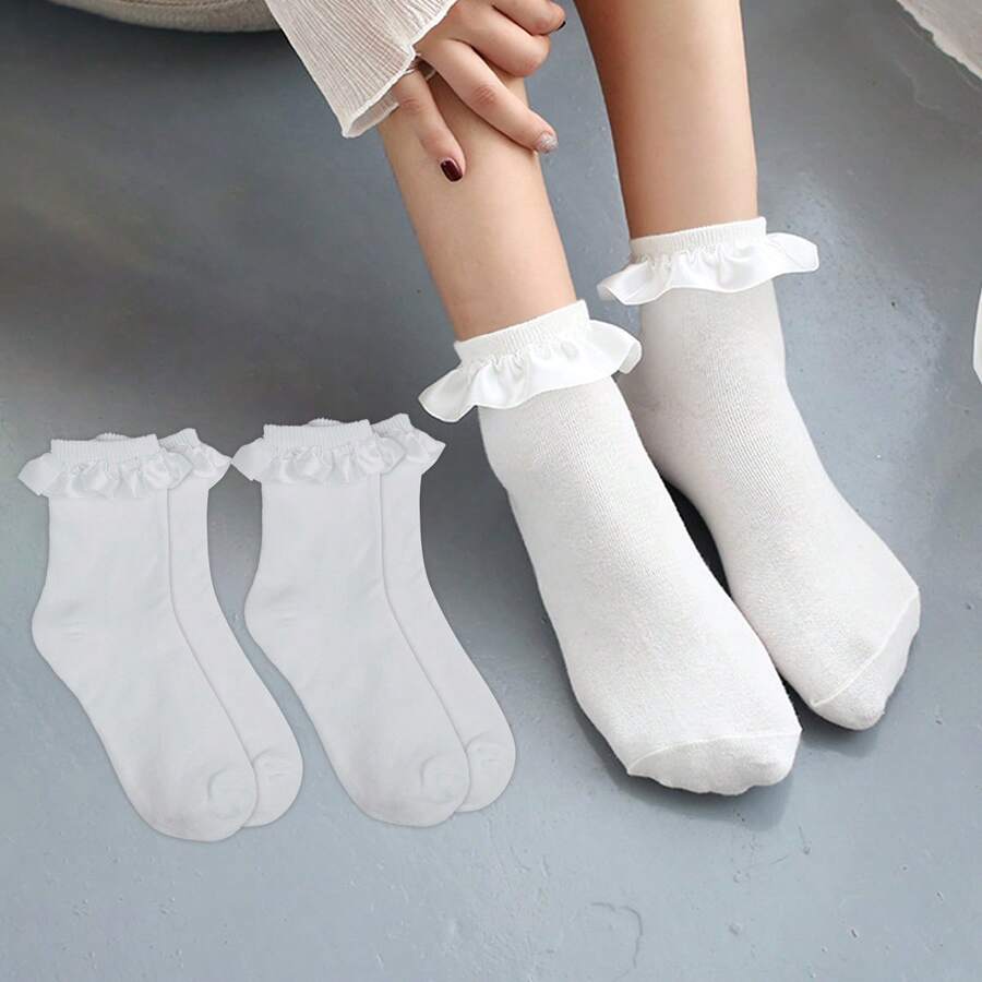 2pairs White Ruffle Hem Socks, Cute And Stylish, Suitable For Spring And Autumn - White - View 1