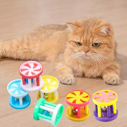 2pcs Cat Toys With Sound, Plastic Bell, Rattle Drum, Colorful Hollow Ball, Interactive Puzzle Toys, Random Color
