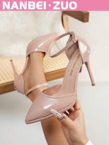 NANBEI ZUO NANBEI ZUO Women's Plus Size Glossy Pointed Toe Ankle Strap Thin High Heel Shoes, Black/White/Apricot, Fashionable Minimalist High-End Elegant Versatile Street Style Elegant European And American Vibe High Heels For Work, Interview, Formal, Party, Wedding, Birthday Gift, Date, Vacation, Comfortable And Breathable