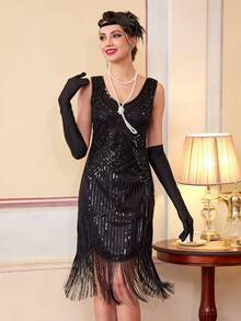 Women's 1920s Vintage Flapper Dress 1920s, Great Gatsby Sequin Fringe Dresses For Party Prom - Black - View 8