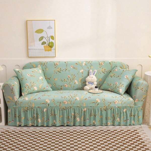 1pc Floral Printed Sofa Cover, Pastoral Style Milk Silk Elastic All-Inclusive Sofa Slipcover, Suitable For All Seasons