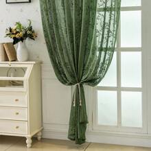 1 Panel Bohemian French Green Plant Jacquard Semi-Sheer Curtain, Rod Pocket, Modern Textured Fabric, Light Filtering, Home Decor For Bedroom, Living Room, Balcony