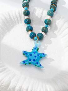 1 Pc Summer Glass Starfish Pendant Necklace, Bohemian Beaded Necklace With Starfish Charms, Women Jewelry Necklaces Suitable For Beach, Travel, Photoshoot, Vacation Accessories (Handmade, Shape And Color Have Randomness)