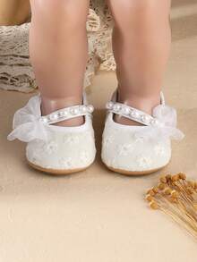1 đôi giày công chúa đế bằng chống trượt, trang trí ren và ngọc trai cho bé gái, thích hợp cho mùa xuân và mùa thu. - trắng - Xem 7