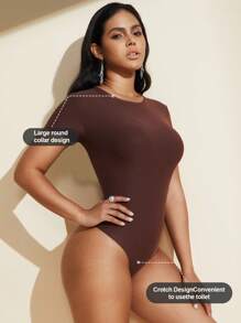 1pc Women's Waist Cinching Seamless Bodysuit, Black Round Neck Short Sleeve Sexy Thong Shapewear