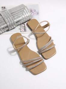 Women's Fashion Crystal Rhinestone Flat Slippers, Versatile Beach Sandals Suitable For Date, Shopping, Party, Commuting, Vacation, And Casual Home Wear, Summer - Khaki - View 7