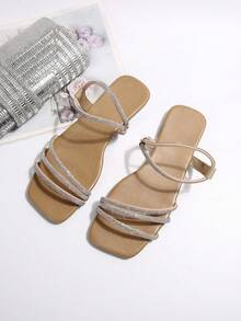 Women's Fashion Crystal Rhinestone Flat Slippers, Versatile Beach Sandals Suitable For Date, Shopping, Party, Commuting, Vacation, And Casual Home Wear, Summer - Khaki - View 6