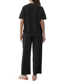 2pcs Women's Solid Knit Casual Vacation Drawstring Short Sleeve Top And Pants Set, Lightweight - Black - View 3