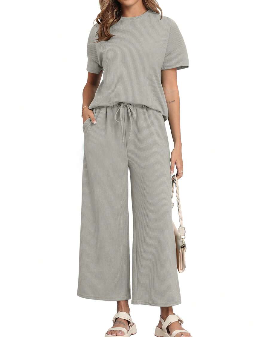 2pcs Women's Solid Knit Casual Vacation Drawstring Short Sleeve Top And Pants Set, Lightweight - Grey - View 1