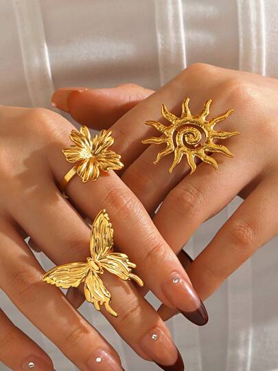 Set de 3 anillos con diseño de mariposa y flor de acero inoxidable a la moda, apropiados para uso diario, viajes, compras y fiestas de mujeres