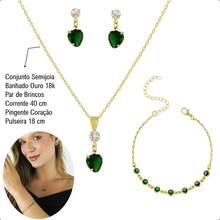 18k Gold Plated Semi-Jewelry Kit - Set With Bracelet, Chain, Pendant And Heart Earrings - 墨綠色 - 查看 3