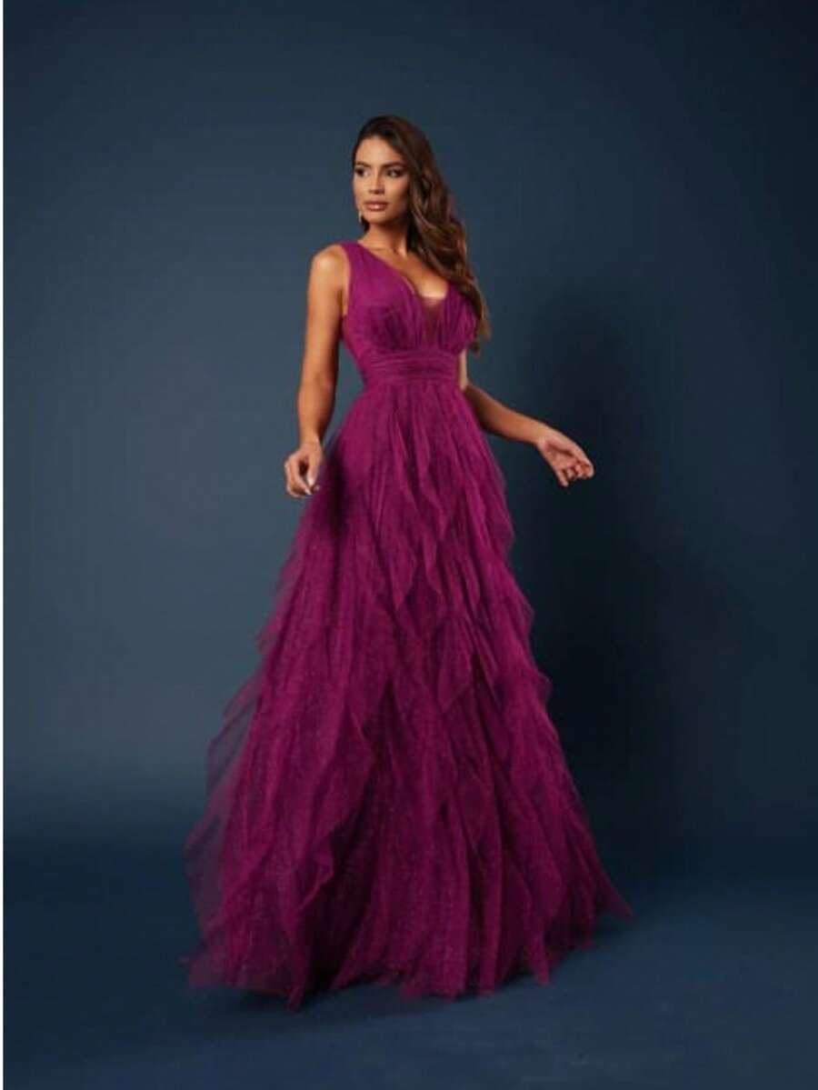 Long Party Dress With Sparkle And Cascading Skirt With V-Neckline - 玫瑰紅 - 查看 1