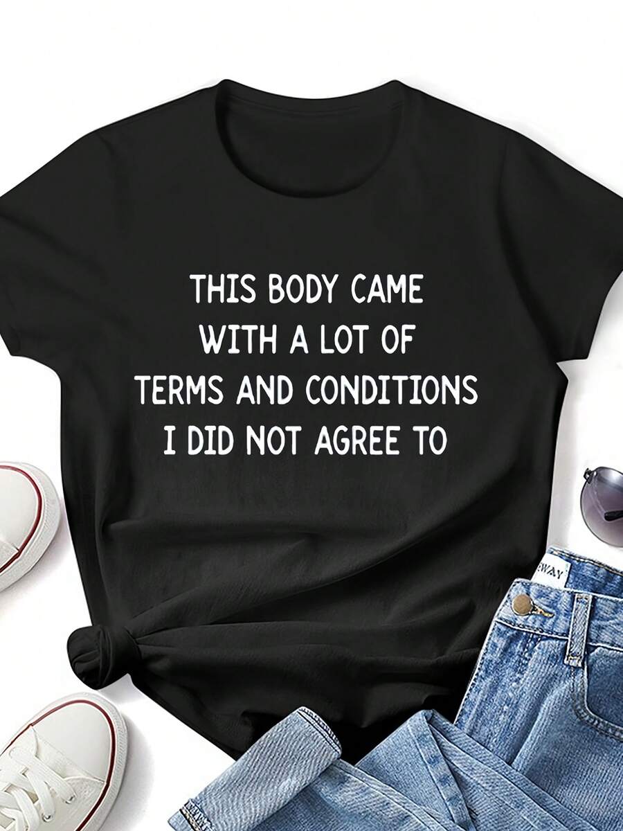 Plus Size ' Terms And Conditions' Graphic Tee - Black Casual Fashion Shirt For Women, Soft & Breathable Support T-Shirt For Chronic Disease Warrior, Rare Disease Fighter, Invisible Disability Awareness, Family Support Gift Women Size L-3XL 4XL 5XL - 黑色 - 查看 1