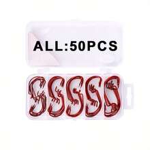 50PCS/Box Lure Steel Worm Crank Hook Set Carp Fishing Hook Saltwater Sea Single Hooks - Red - View 3