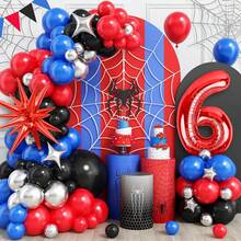 Juego de arco y número de globos de látex con estrella roja, decoraciones de cumpleaños, juego de arco de globos rojo, azul, negro y plateado con torres de globos numéricos rojos de 40" del 1 al 11, globos de cumpleaños, adecuado para fiesta de cumpleaños temática de superhéroe - Multicolor - Ver 9