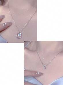 1pc Silver Teardrop Rhinestone Star & Moon Pendant Necklace