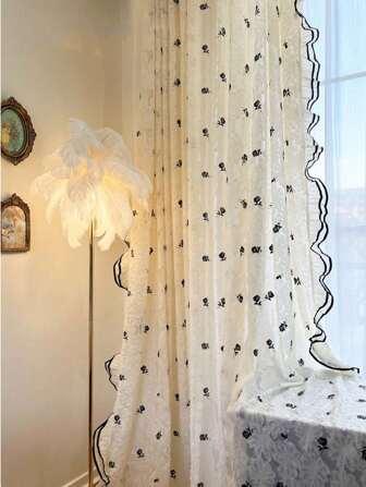 1 st. svart ros spets volangdesign för sovrum, transparent gardin, elegant fransk romantisk broderad fönstergardin, lämplig för vardagsrumsfönsterdekor