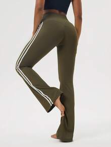 Sodalemon Quần legging nữ phong cách đường phố Blockcore thể thao, phối sọc bên hông, dệt họa tiết, ống loe, thích hợp cho yoga. - Màu xanh lá cây đậm - Xem 5