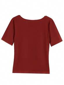 Lace Patchwork Short Sleeve Women T-Shirt,Square Neck Casual Cartoon Letter Print Cute Sweet Style Ladies Tops, Summer - Burgundy - View 3