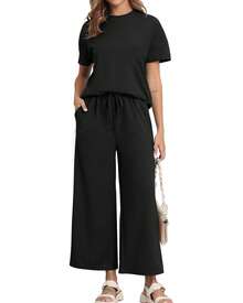 2pcs Women's Solid Knit Casual Vacation Drawstring Short Sleeve Top And Pants Set, Lightweight - Black - View 4