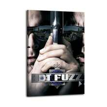 Póster de película vintage de la comedia de acción de buddy cops "Hot Fuzz" enmarcado en lienzo con marco de madera incorporado para decoración del hogar, dormitorio o garaje - Multicolor - Ver 2