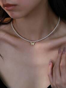 1pc Minimalist Elegant Rhinestone Butterfly Pendant Faux Pearl Necklace, High-End Delicate Layered Clavicle Chain, Suitable For Women's Daily And Festive Wear - Multicolor - View 6