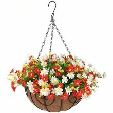 Artificial Hanging Flowers In Basket Outdoor Indoor Patio Lawn Garden Decor Hanging Basket With 12inch Coconut Chain Flowerpot (Red)