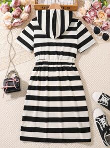 Casual Striped Hooded Knit Short Sleeve Dress For Big Girls