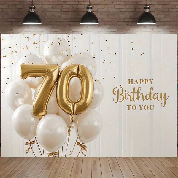 1pc 70th Birthday Party Banner - Gold And White Polyester Background Cloth With Confetti Design, Suitable For 70th Birthday Celebration Event Home And Room Decoration, Birthday Party Supplies